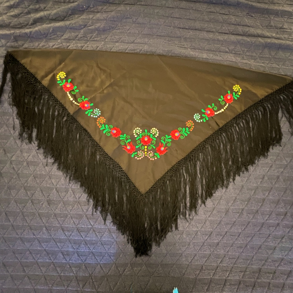 Embroidered Black Shawl with Floral Design